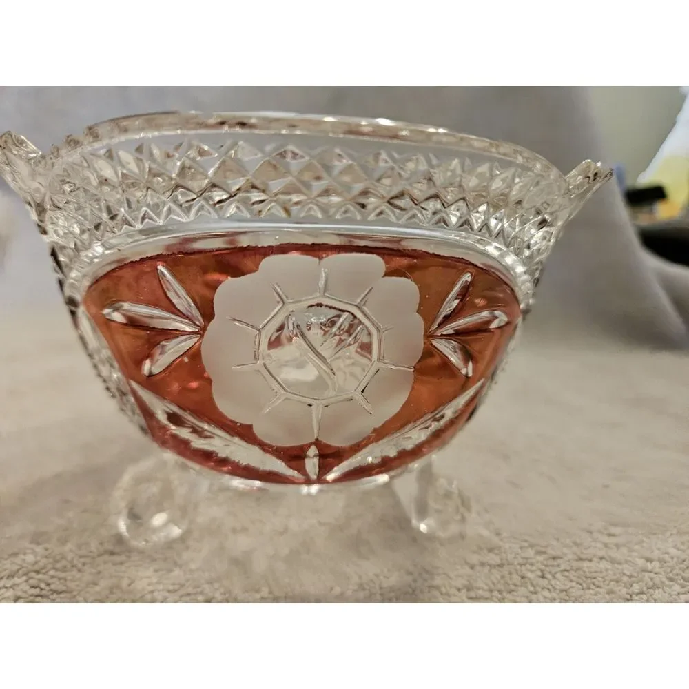 Vintage Anna Hutte Bleikristal Lead Crystal Footed Candy Trinket Dish Ruby Flash
